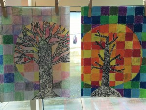 Student created artwork using geometric patterns in trees
